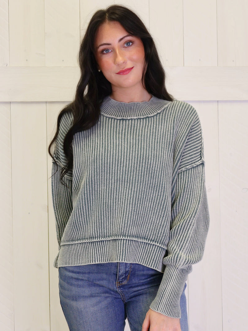 Ash Jade Washed Side Slit Oversized Cropped Sweater Pullover Top