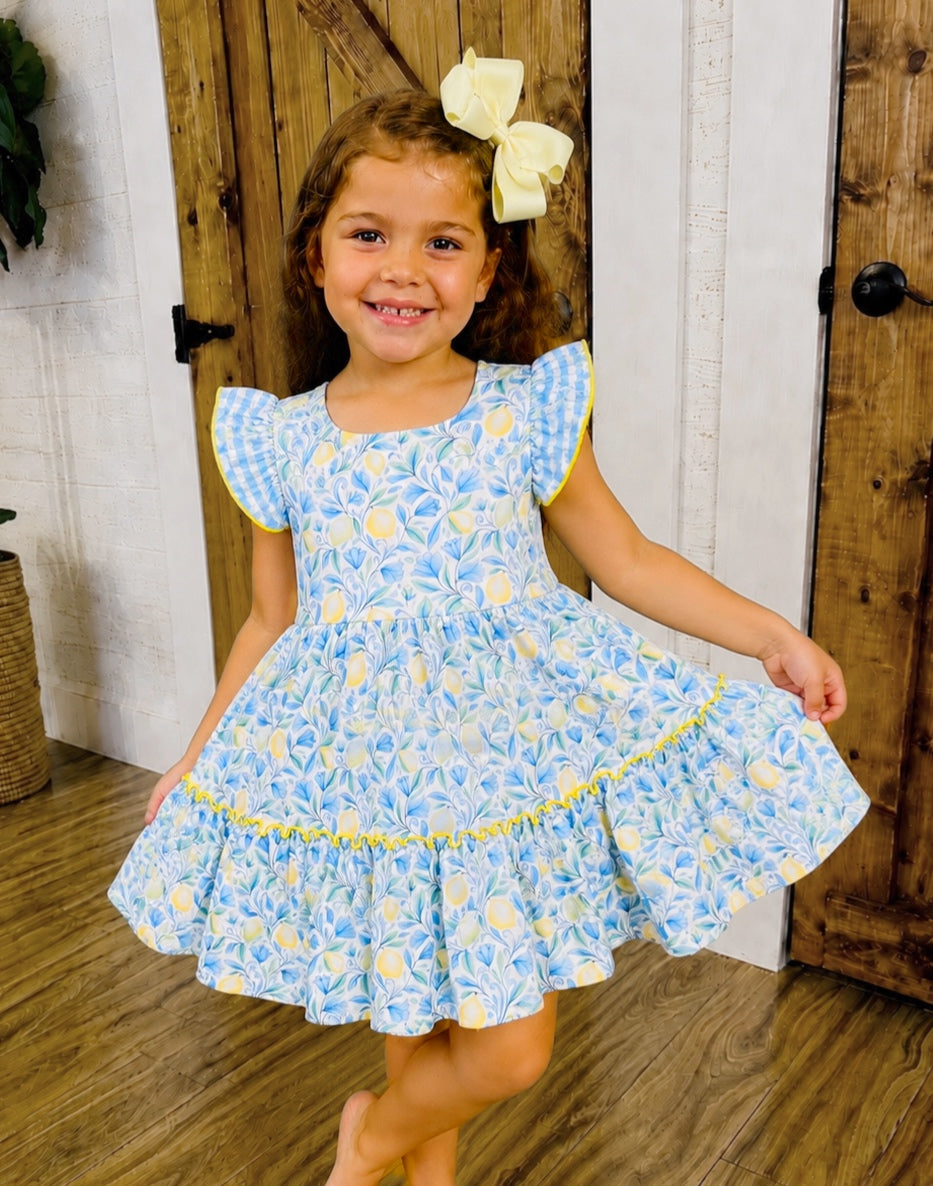 Girls Sunny Lemon Gingham Ruffle Dress