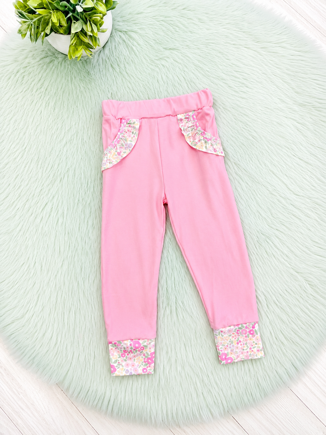 Girl’s Light Pink and Cream Half Zip Floral Pant Outfit Set