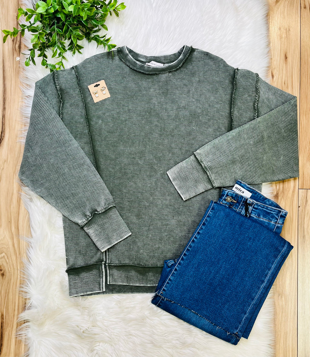 Women’s Zenana Dark Olive Ribbed Raw Hem Crewneck Top