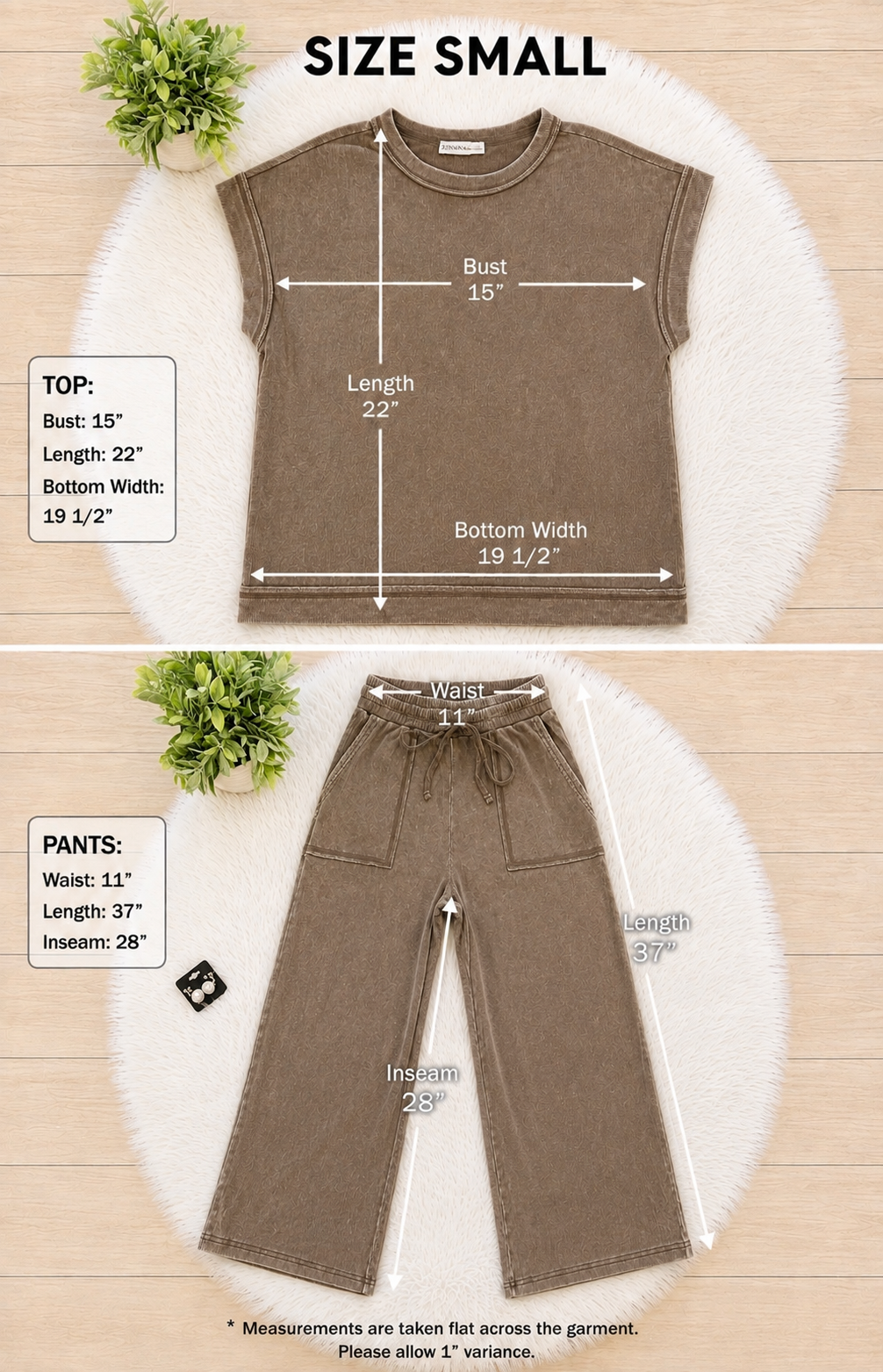Women’s Zenana Brown Acid Wash Pant Set