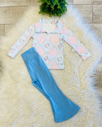 Girl’s Cute Pink Plaid And Floral Bow Outfit