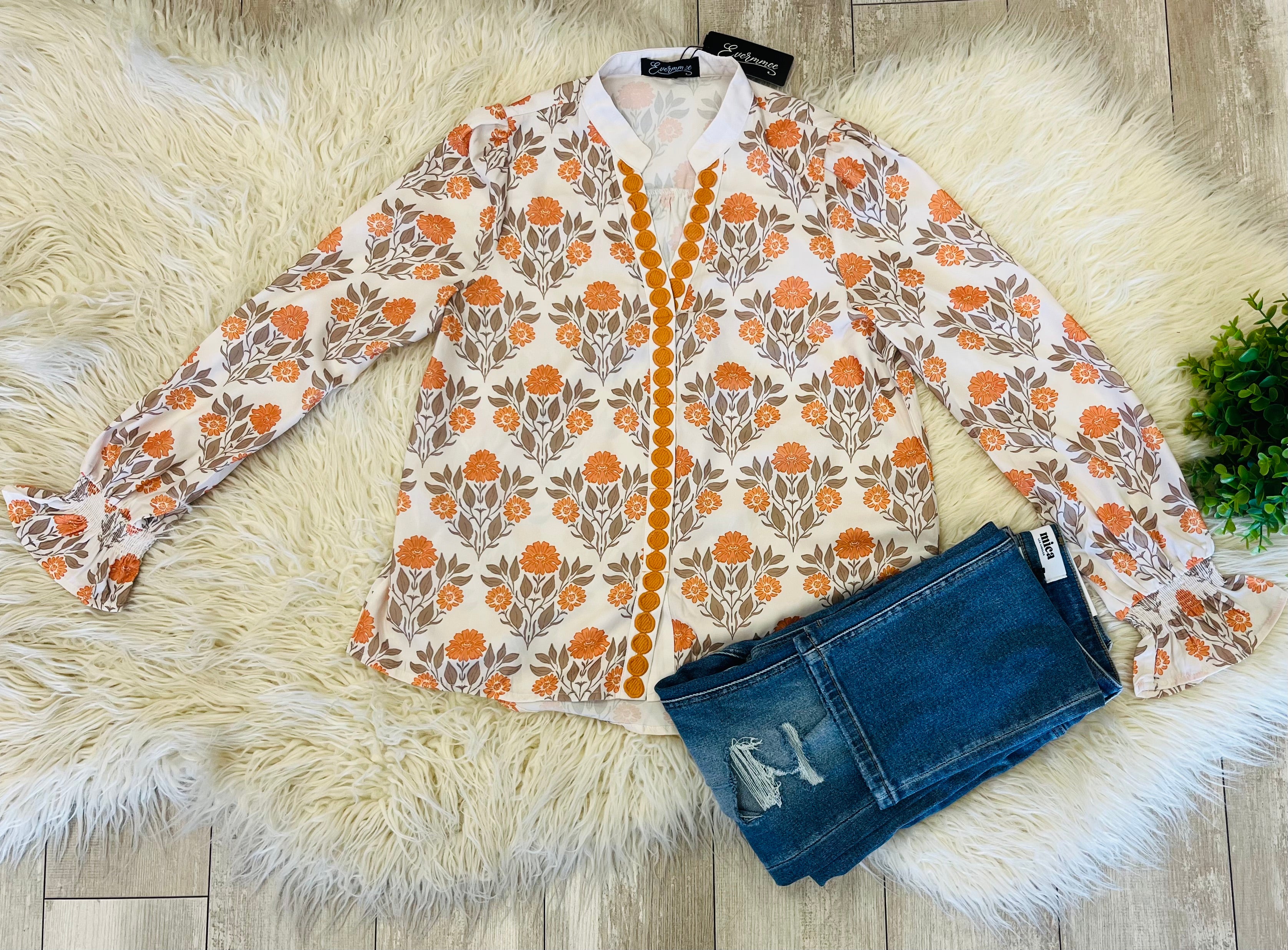 Women’s Orange Floral Print Contrast Detail Long Sleeve Blouse