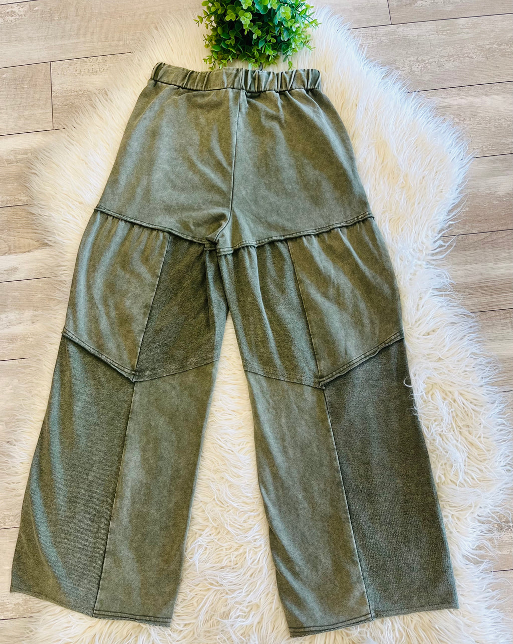 Women’s Evermee Olive Green Mineral-Washed Wide-Leg Patchwork Pants