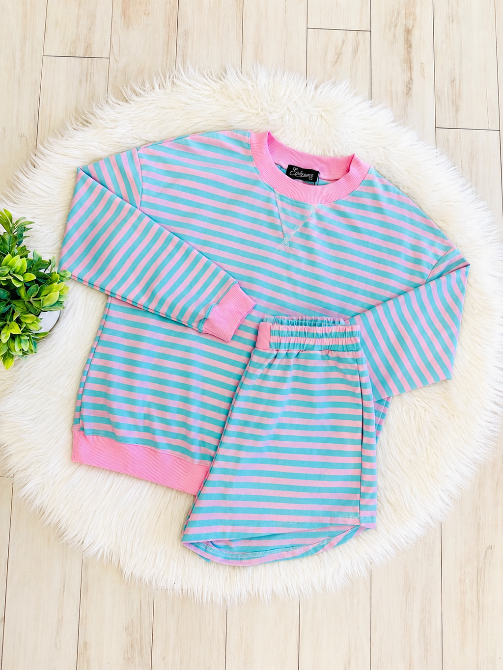 Women’s Pink and Blue Stripe Long Sleeve Short Set