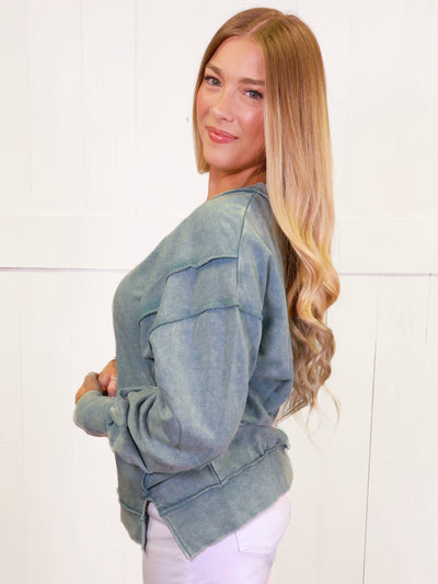 Ash Jade Acid Wash Exposed Seam Sweater Pullover Top