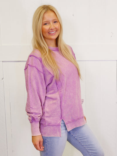 Mauve Acid Wash Exposed Seam Sweater Pullover Top