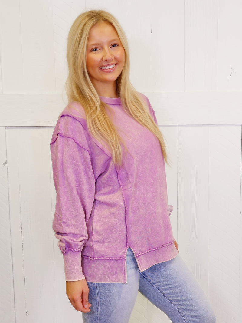 Mauve Acid Wash Exposed Seam Sweater Pullover Top