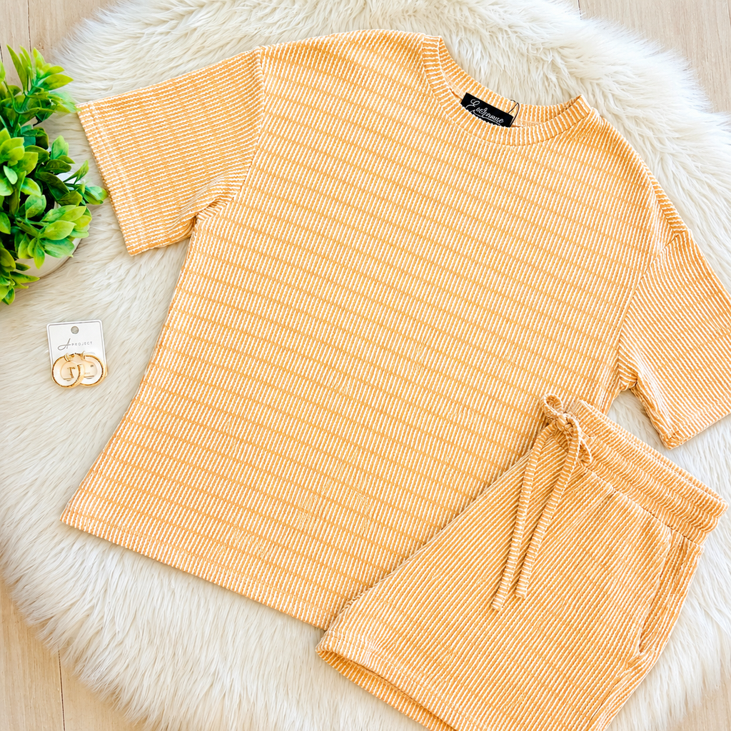 Women’s Evermmee Beige and White Stripe Ribbed Short Set