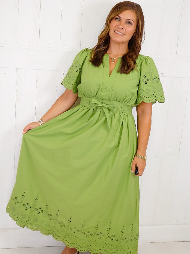 Kiwi Green Belted Eyelet Dress