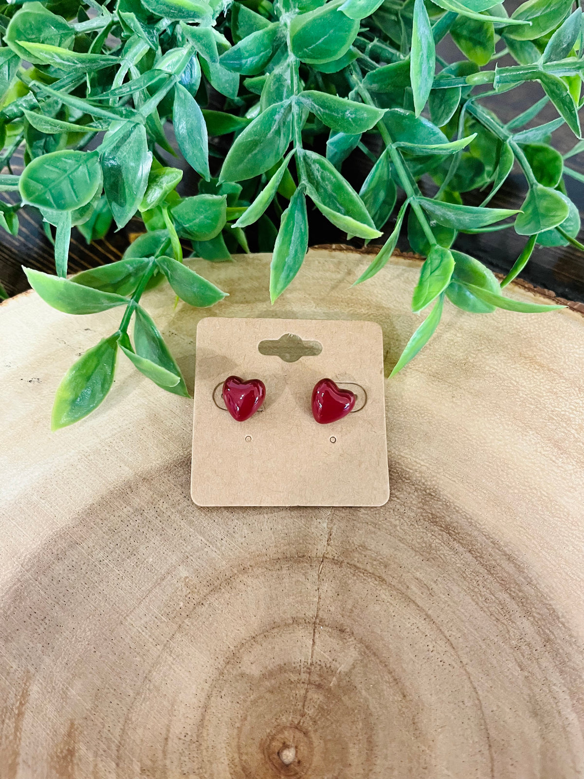 Maroon Heart Shaped Stud Earrings
