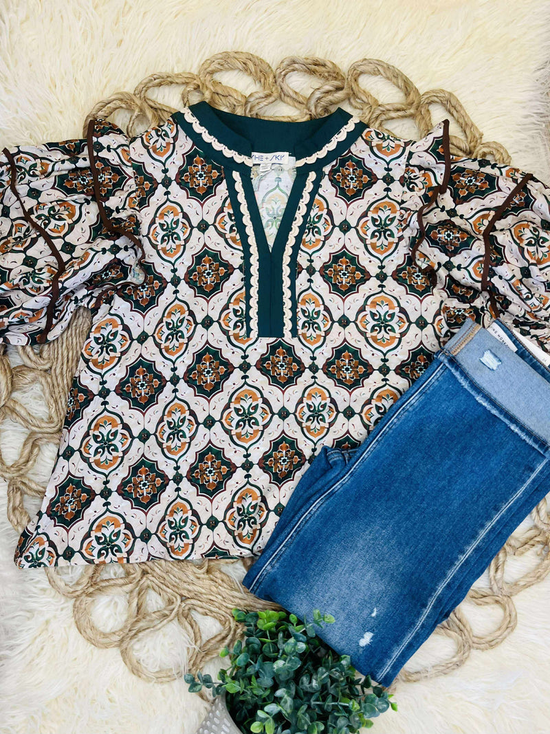 Contrast V Neck Mixed Print Top