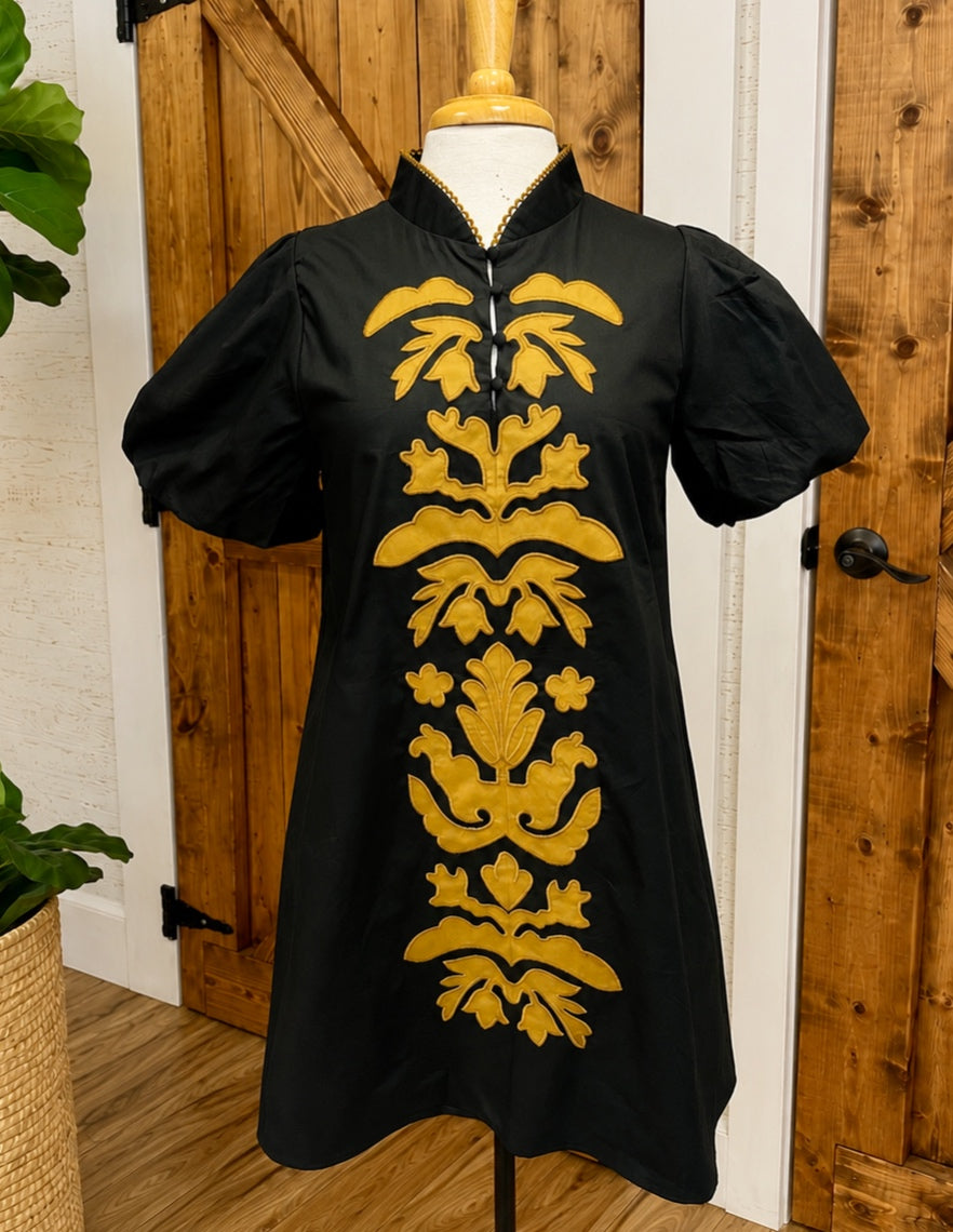 Women’s Jodifl Black and Brown Embroidered Dress with Puff Sleeves