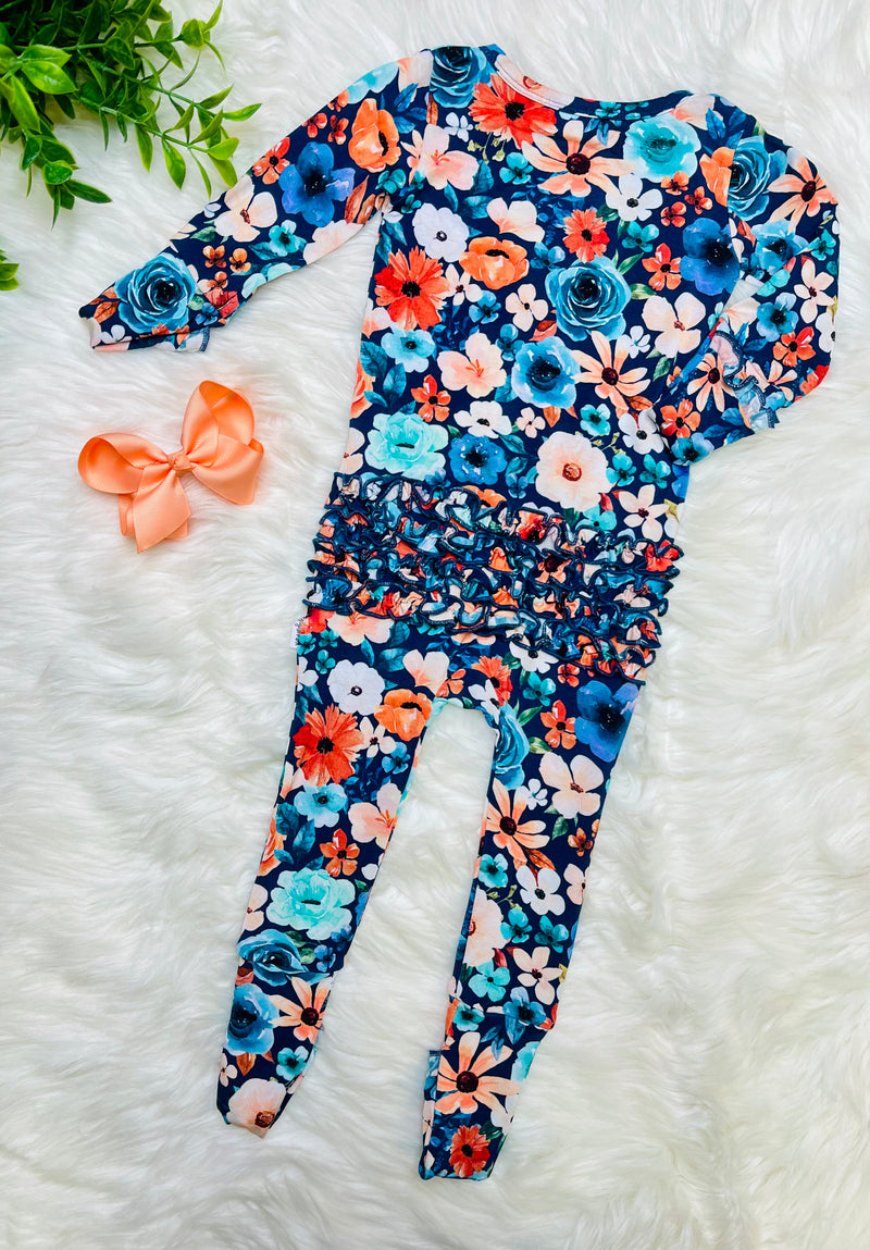 Girls Navy Floral Bamboo pajama romper