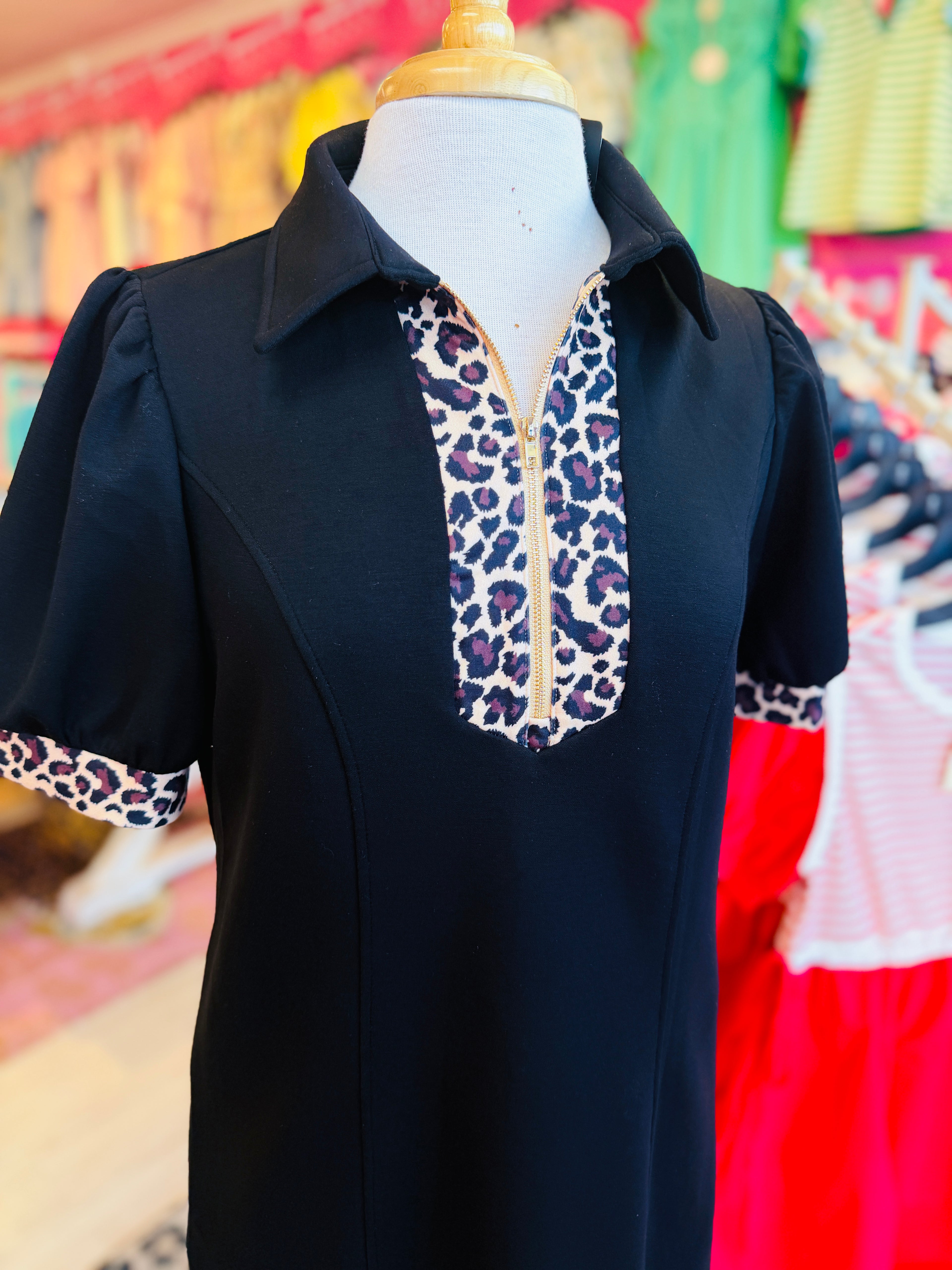 Women’s Evermmee Black Dress with Cheetah Trim