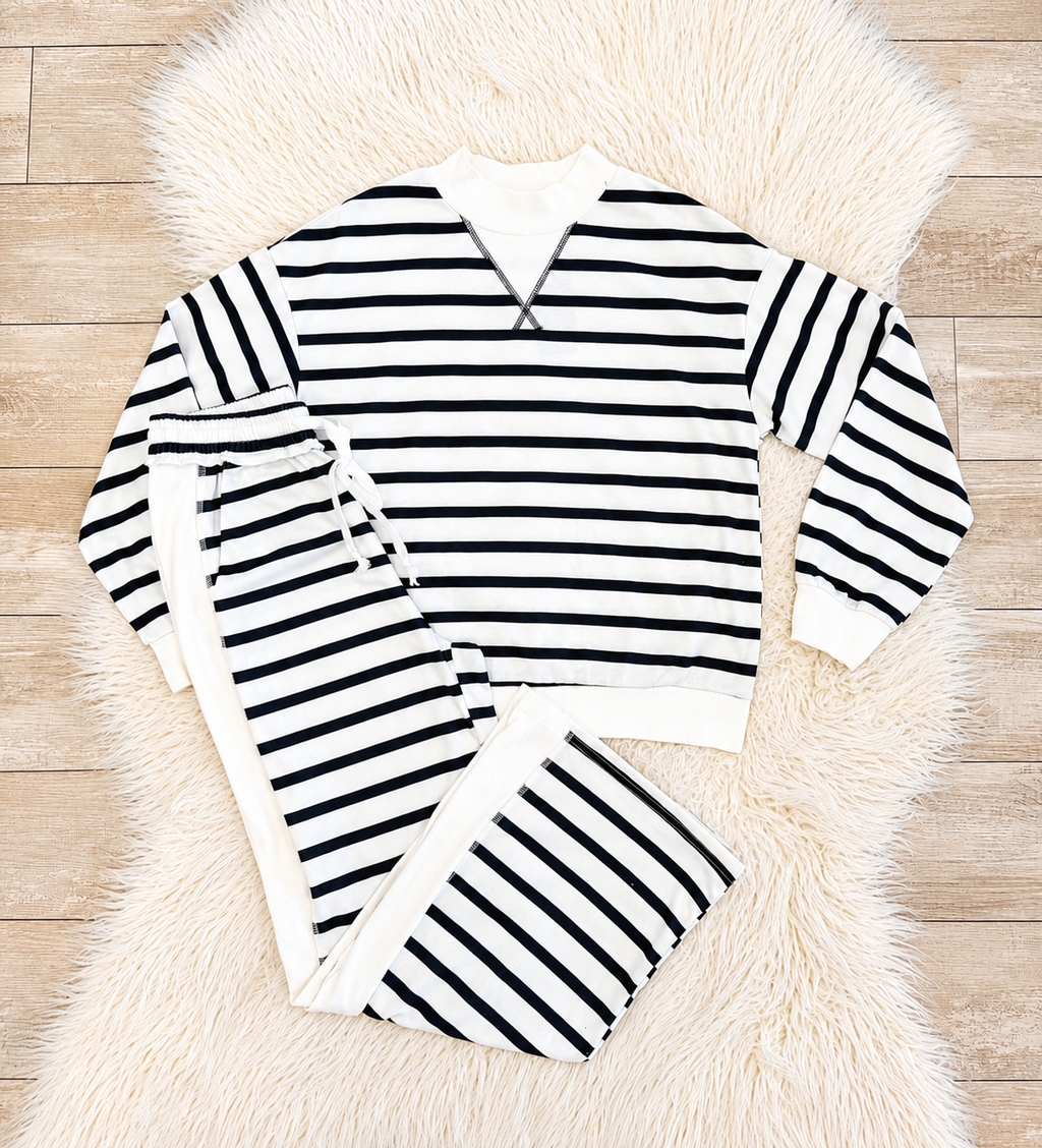 Navy Blue Striped Women’s Evermmee Mock neck Pant Set