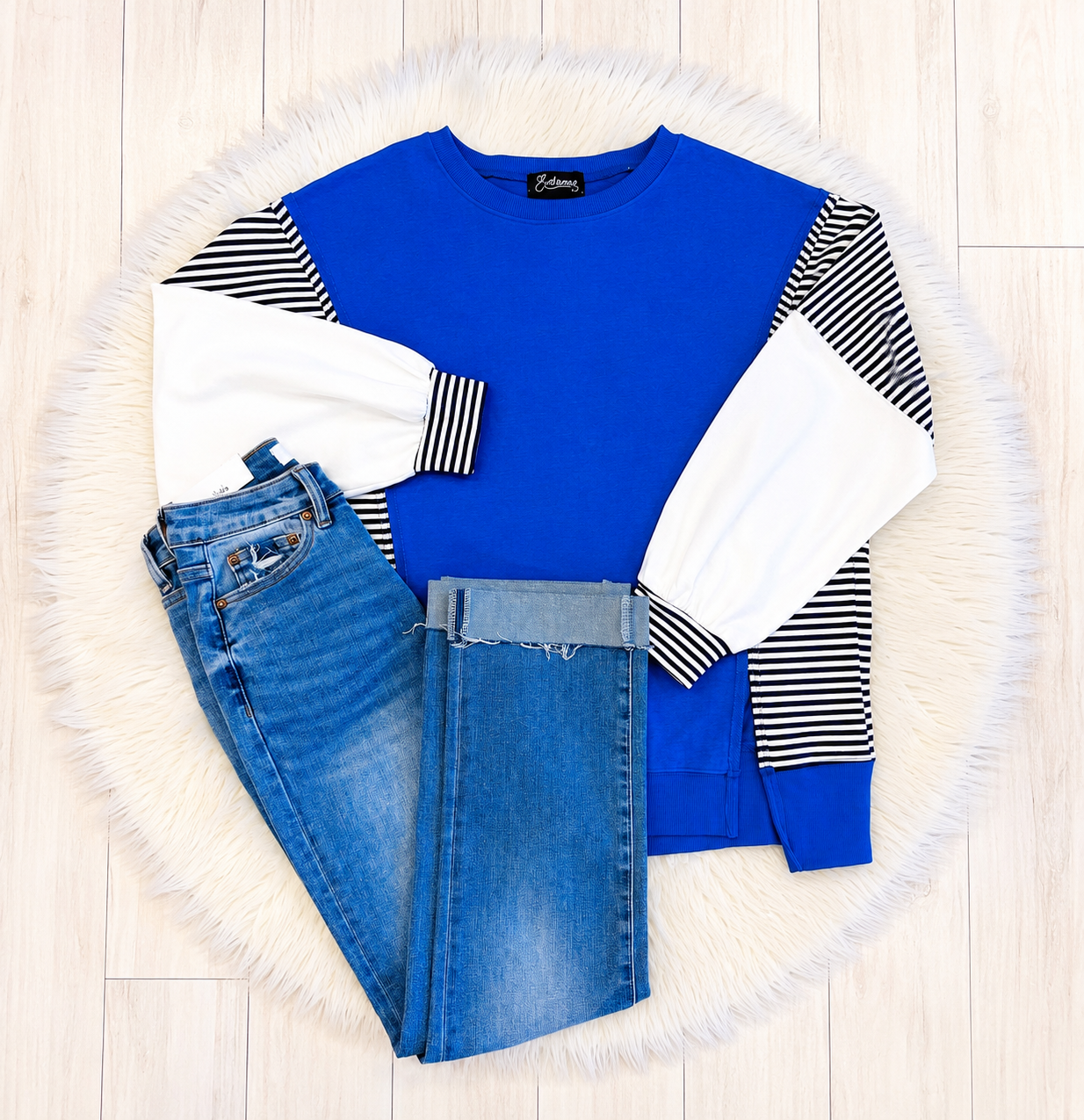 Women’s Evermmee Blue and White Stripe Contrast Pullover - Oversized Top