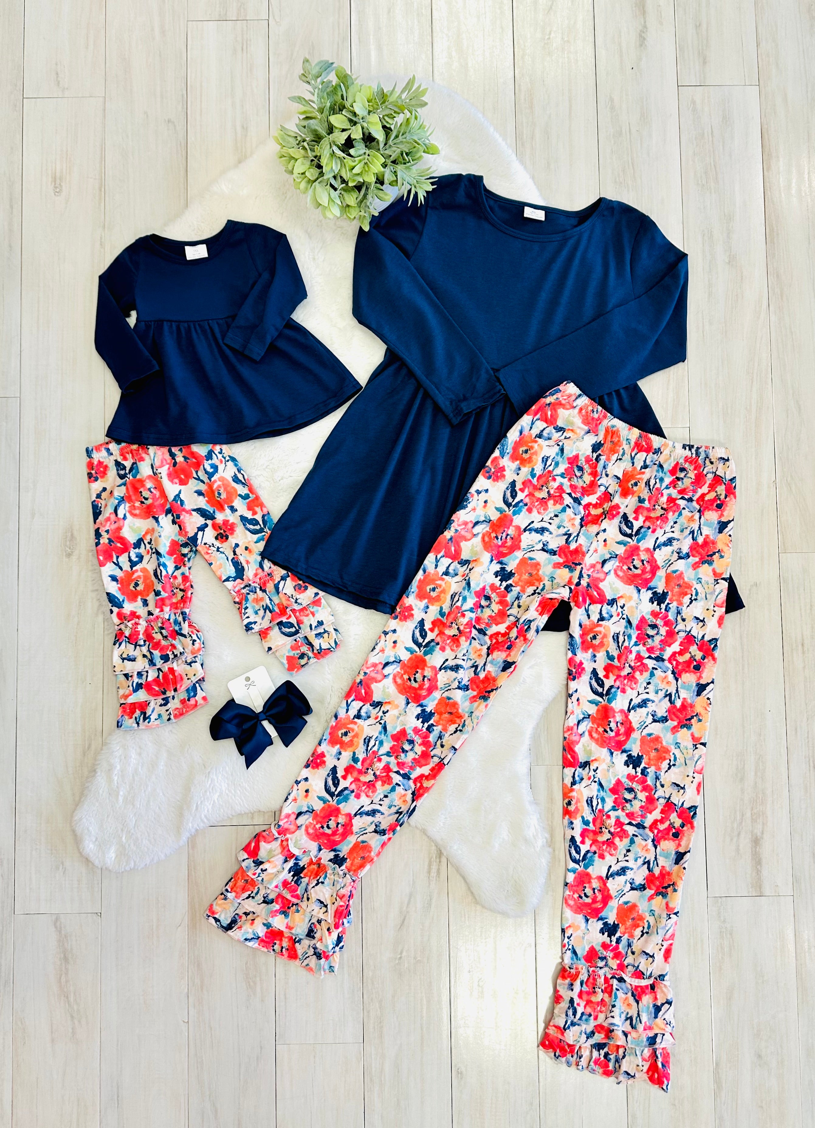 Girls Navy & Coral Floral Outfit