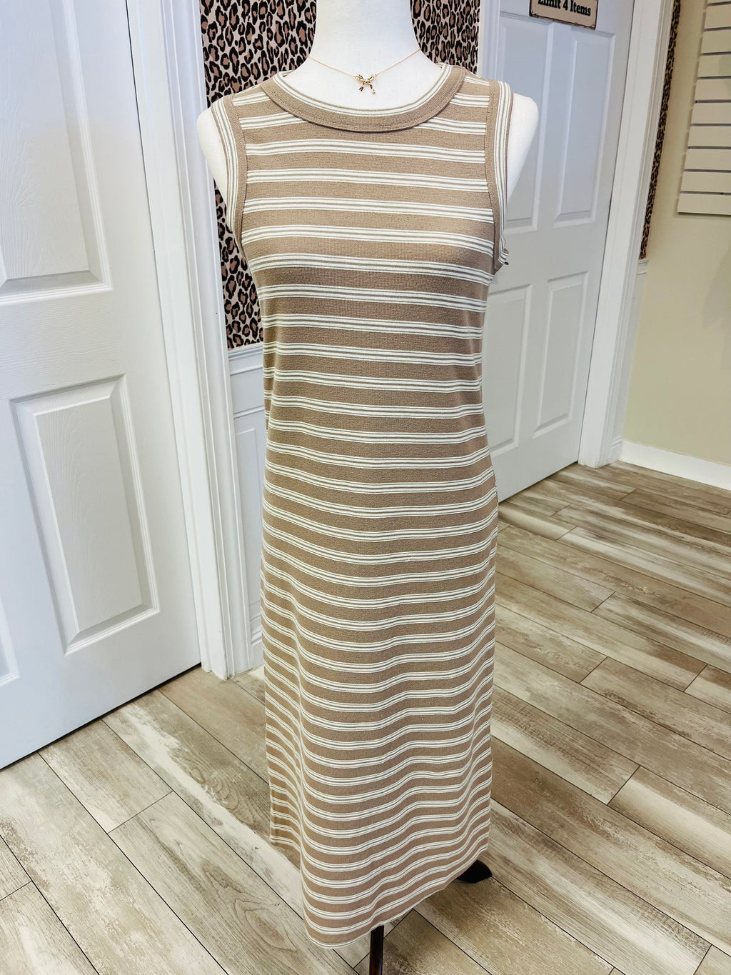 Women’s Blue Pepper Taupe Stripe Button Down Back Dress