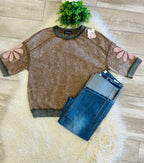 Women’s Brown Mineral Wash Floral On 3/4 Sleeves Top
