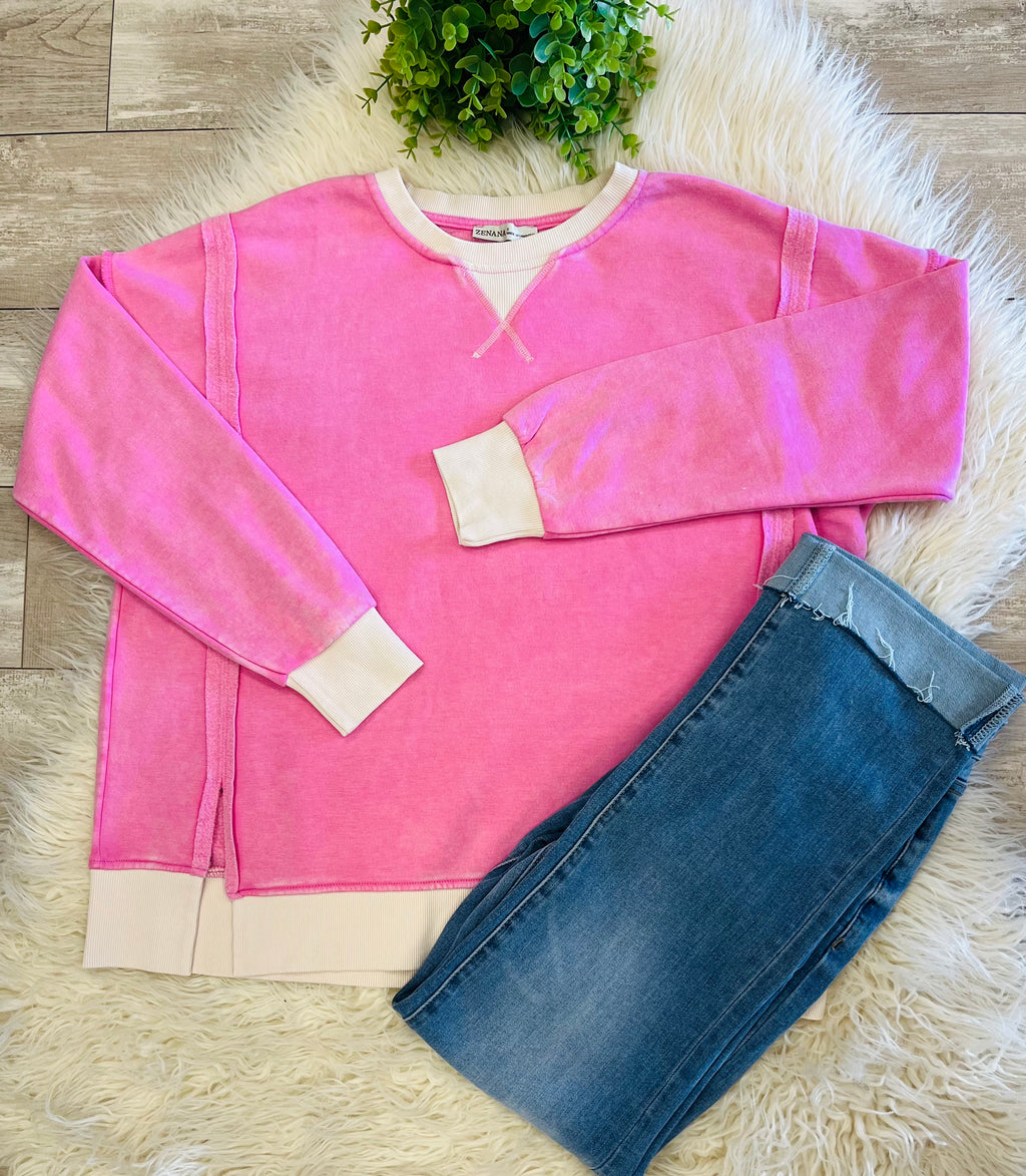 Women’s Zenana Washed Exposed Seam Sweatshirt In Candy Pink