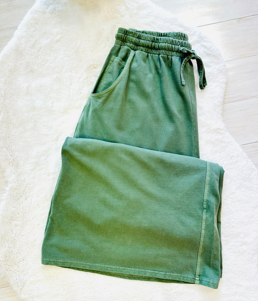Women’s Curvy Petite Zenana Enzyme Wash Olive Wide- Leg Pants