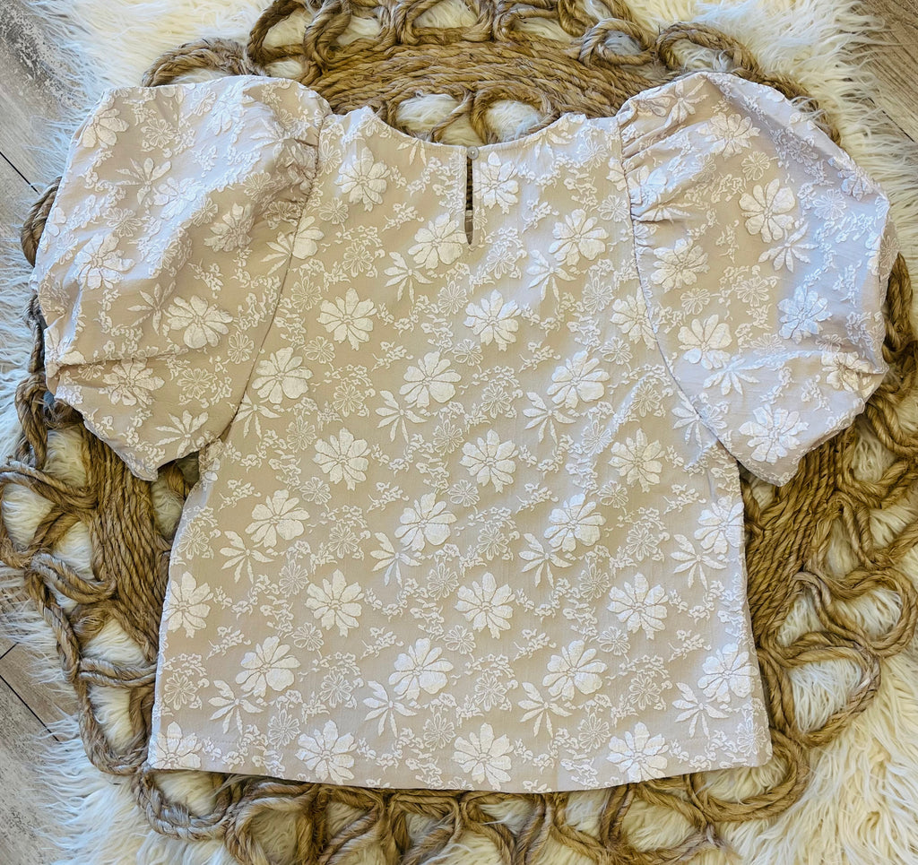 Women’s Taupe Floral Jacquard Puff Sleeve Top