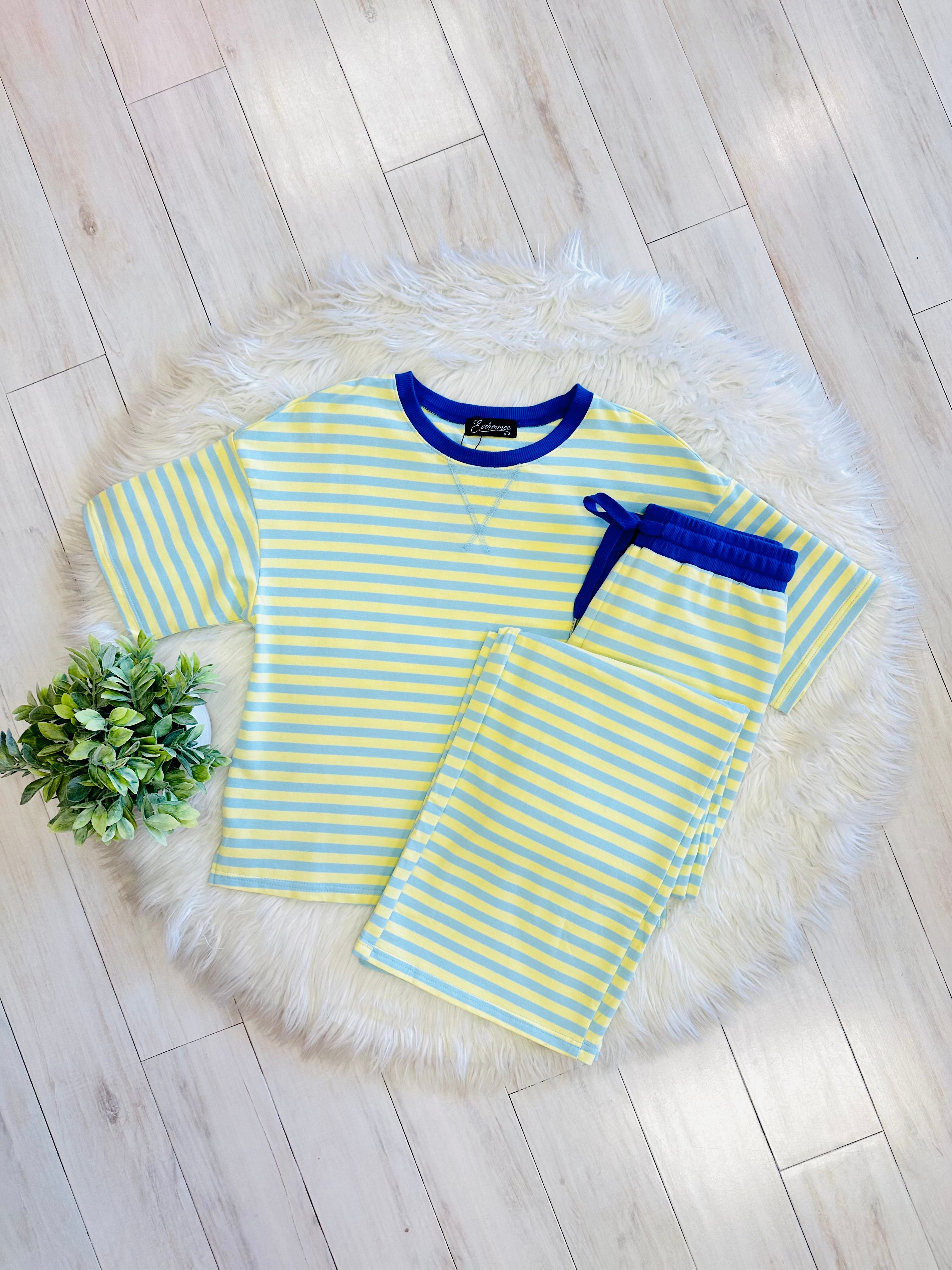 Women’s Light Blue and Yellow Stripped Pant Set