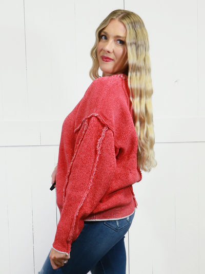 Women’s Basic Zenana Exposed Seam Round Neck Sweater Dark Red Pullover