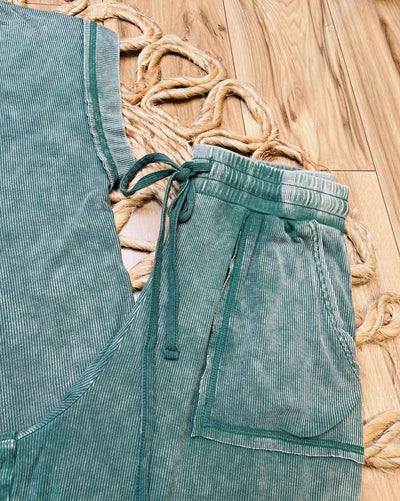 Zenana Ribbed Acid Wash Pants Set Dark Green