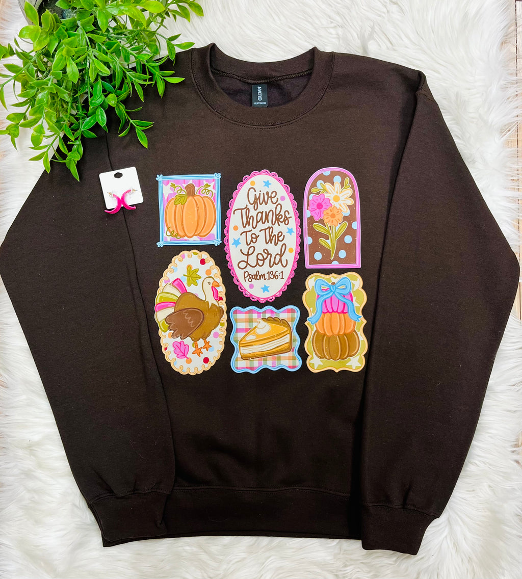 Women’s Brown Psalm 136:1 Picture Frame Crewneck Top