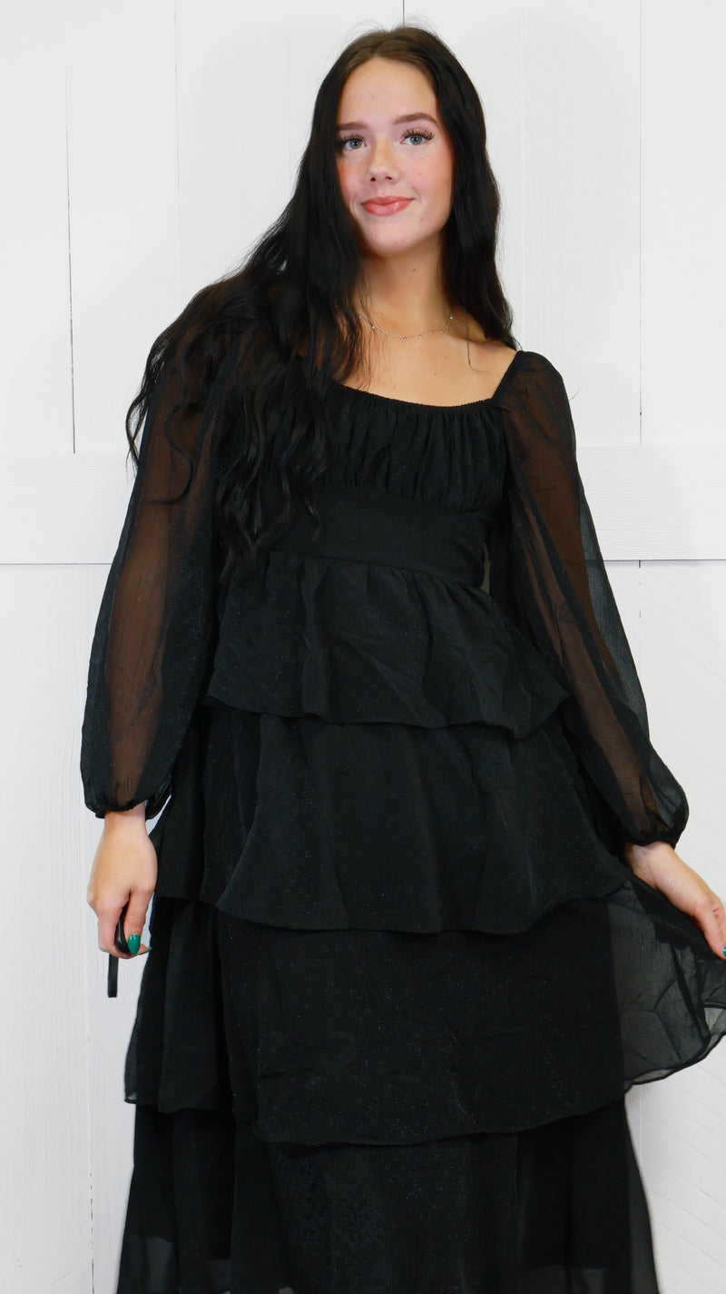 Women’s Black Ruffle Tiered Midi Dress