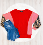 Women’s Evermmee Red Stripe Pullover with Leopard Sleeves - Oversized cheetah Top