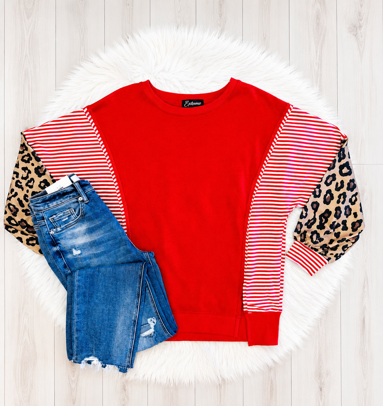 Women’s Evermmee Red Stripe Pullover with Leopard Sleeves - Oversized Top
