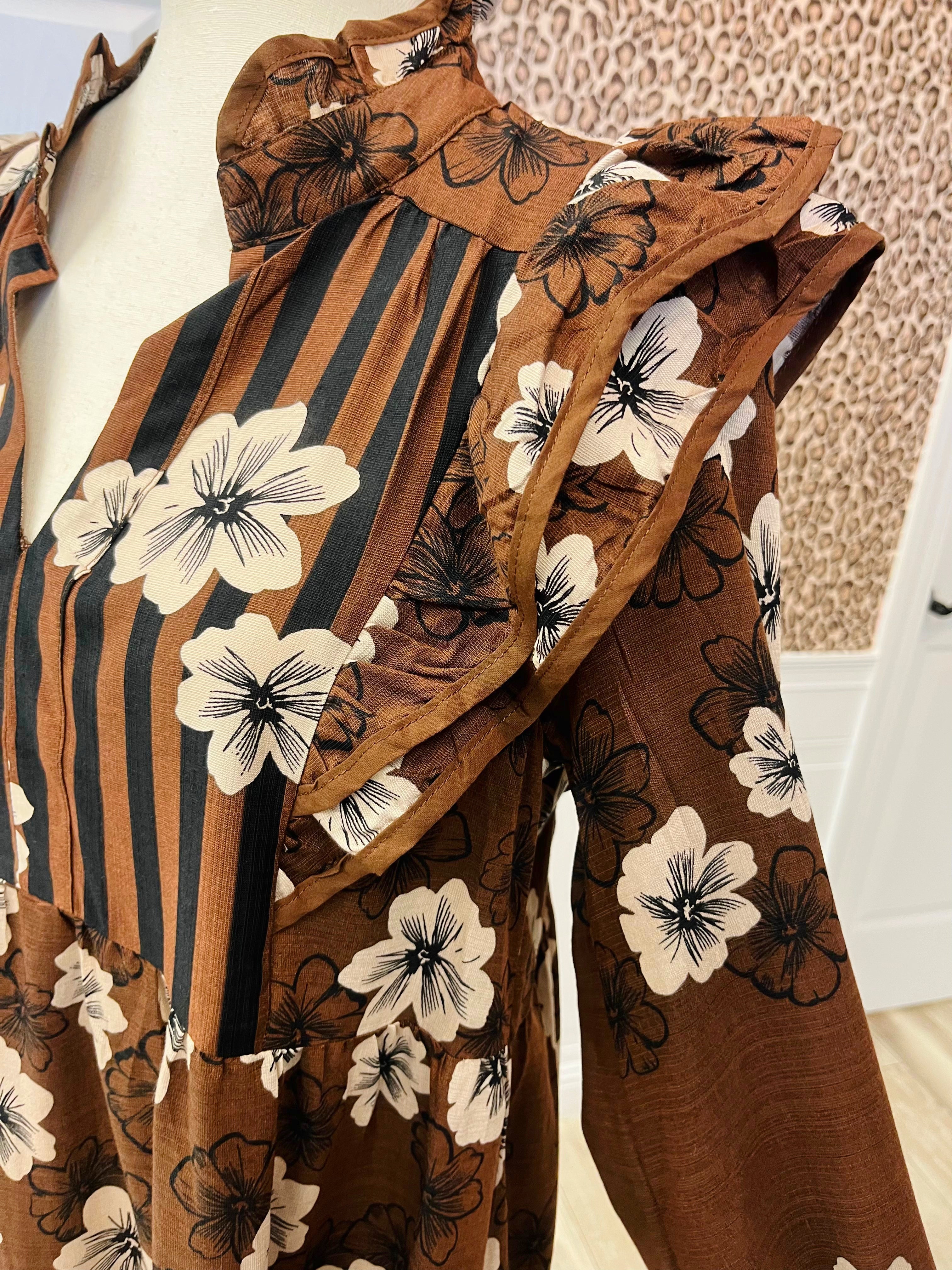 Women’s Umgee Brown Floral Ruffle Split Neck Dress