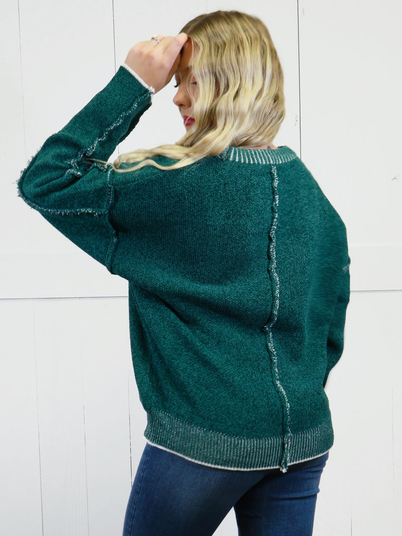 Women’s Basic Zenana Exposed Seam Round Neck Sweater Hunter Green Pullover