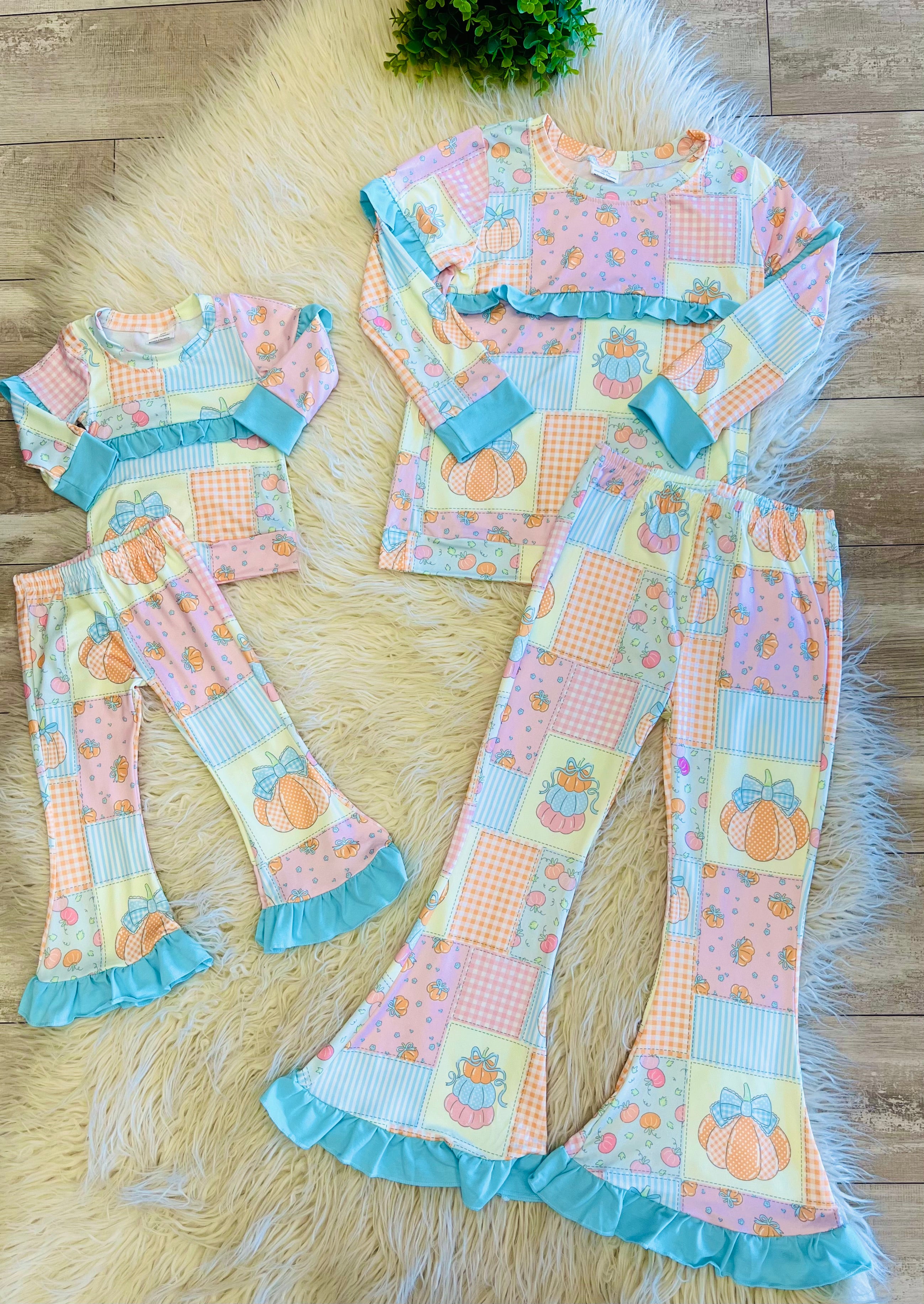 Girl’s Pastel Pumpkin Patchwork Ruffle Two-Piece Outfit