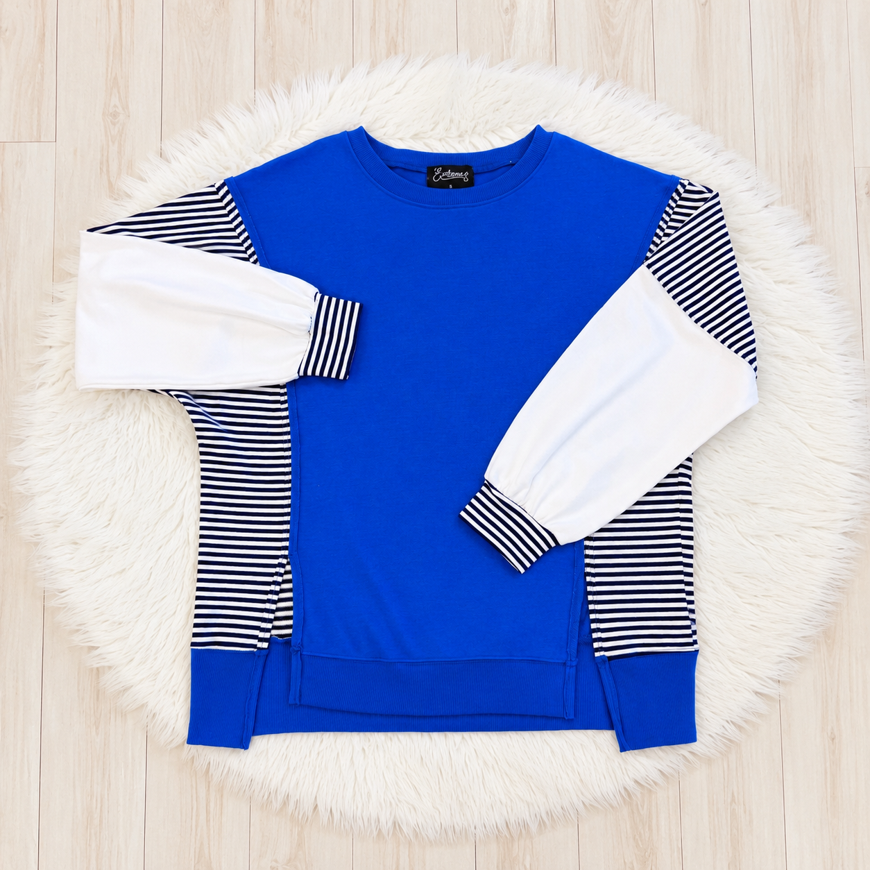 Women’s Evermmee Blue and White Stripe Contrast Pullover - Oversized Top