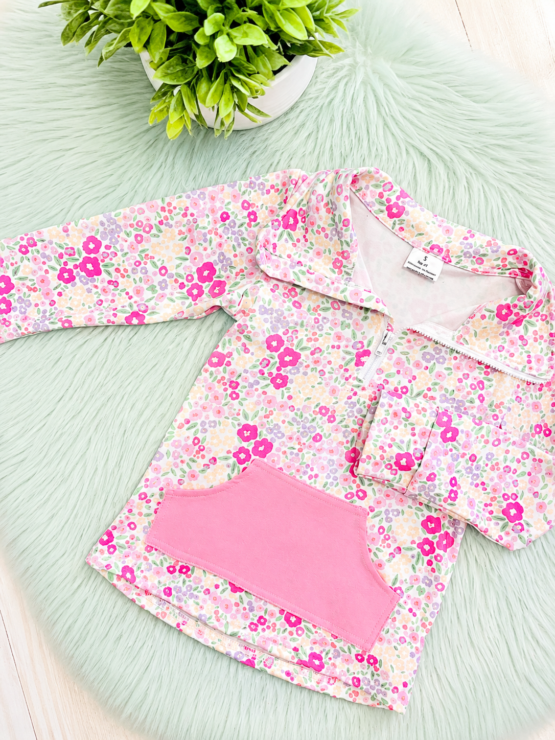 Girl’s Light Pink and Cream Half Zip Floral Pant Outfit Set