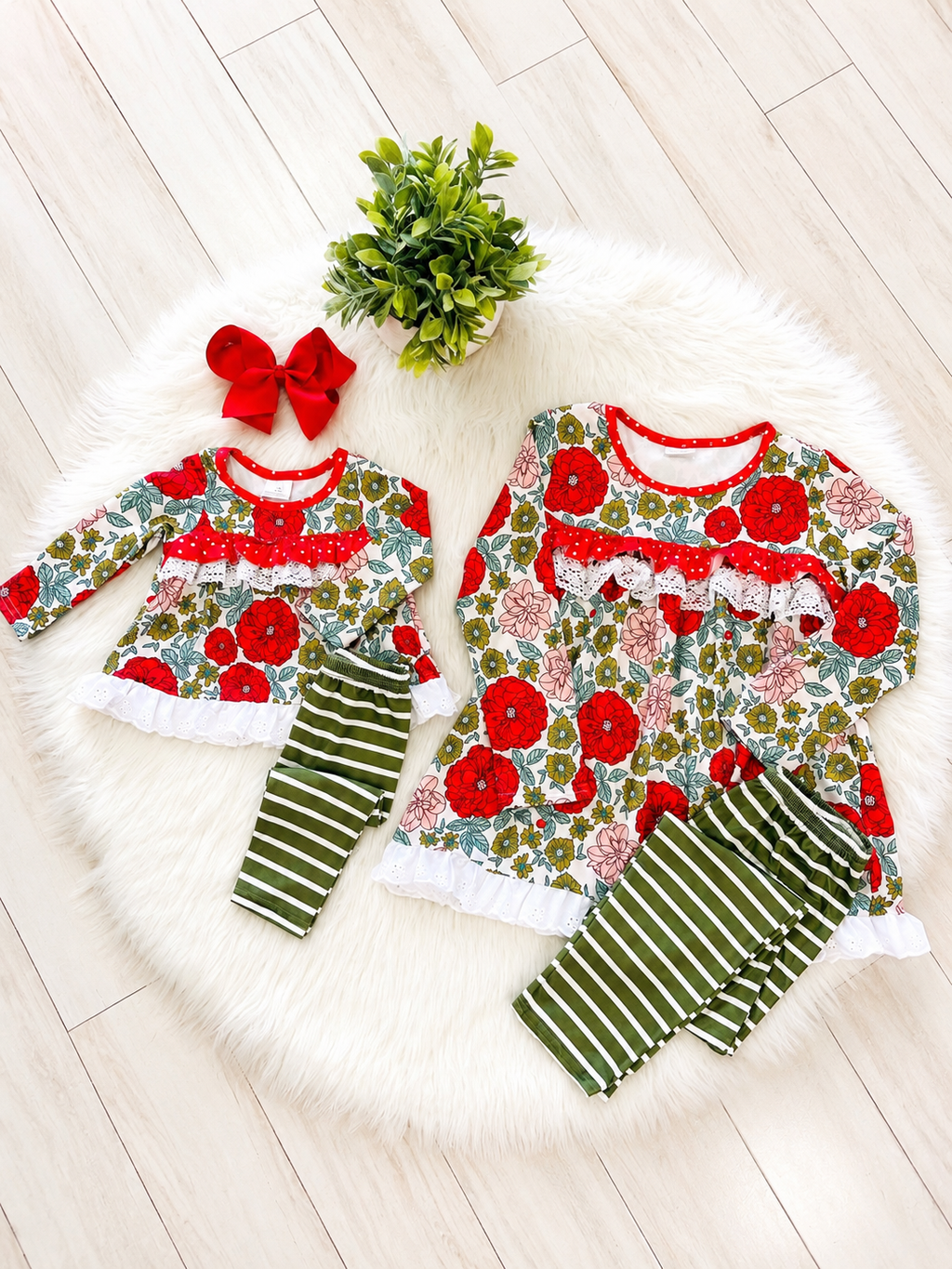 Girl’s Red and Green Floral Stripe Pant Outfit Set