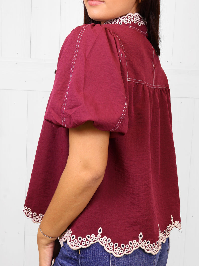 Entro Burgundy Lace Trim Puff Sleeve Top
