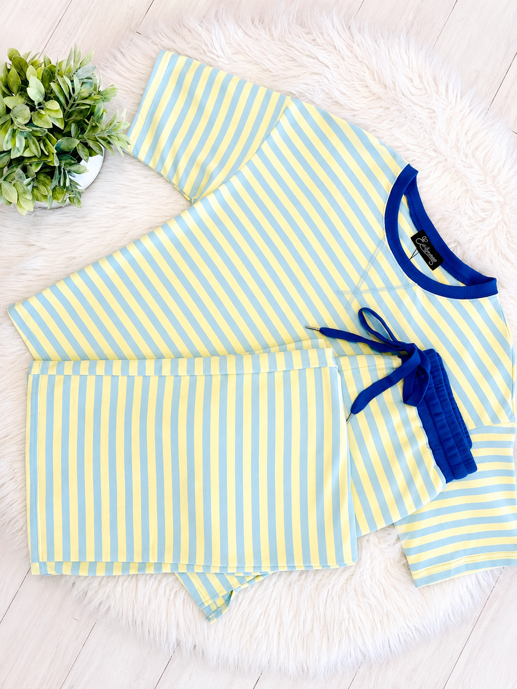 Women’s Light Blue and Yellow Stripped Pant Set
