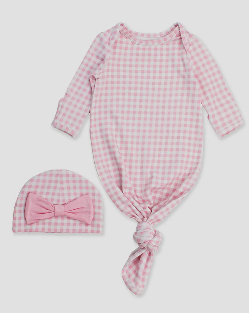 Baby Pink Plaid Tie Bamboo Gown and hat