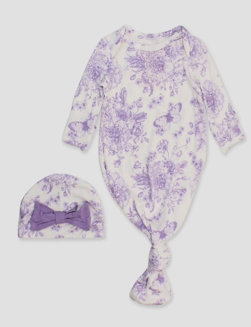 Baby Purple Floral Tie Bamboo Gown and hat