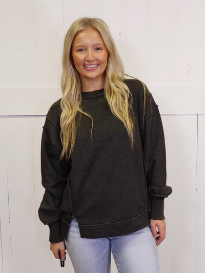 Black Acid Wash Exposed Seam Sweater Top Pullover