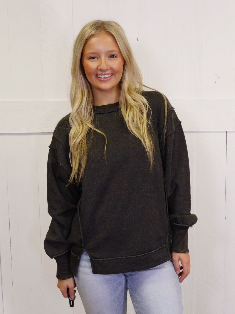 Black Acid Wash Exposed Seam Sweater Top Pullover