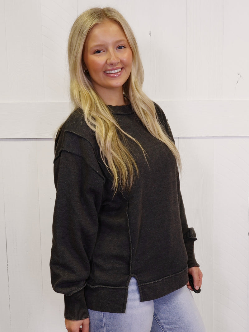 Black Acid Wash Exposed Seam Sweater Top Pullover