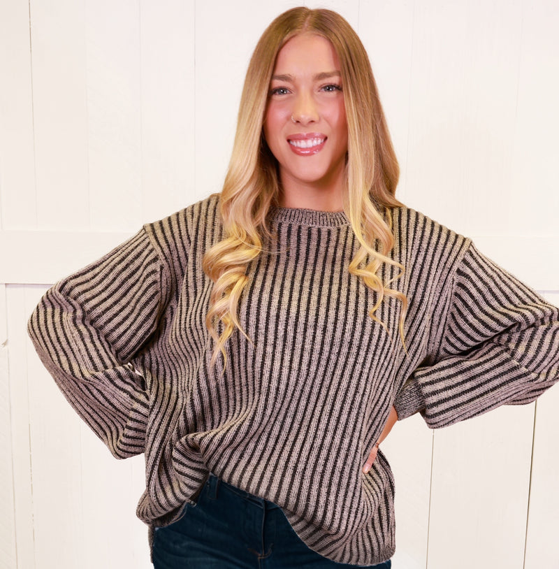 Black Curved Hem 2 Tone Sweater Top Pullover