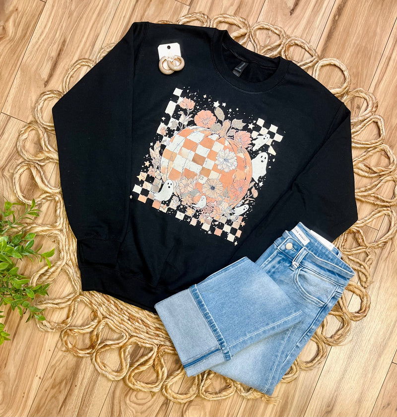 Black Floral Pumpkin Crewneck Sweater Pullover