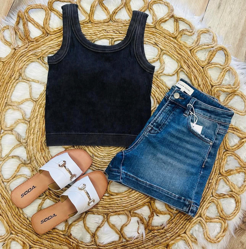 Black Ribbed Top with Bra Pads